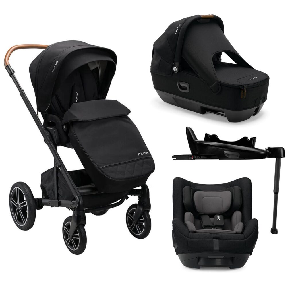 Nuna Mixx Next travel system with pushchair, carrycot, car seat and isofix base.