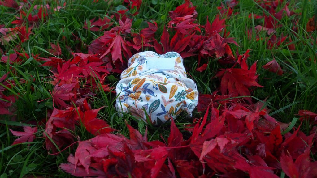 A reusable nappies with a nature print is in the middle of the photo. It is sitting on a pile of red and green foliage.